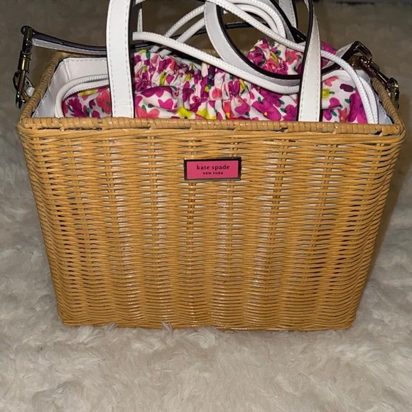 Kate Spade Tan Wicker Tote with White Handles - Picture 1 of 9